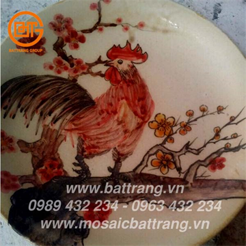 Đĩa gốm trang trí vẽ gà và hoa đào made by Khánh gốm Bát Tràng 107