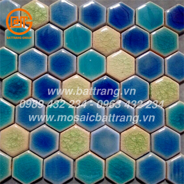 Gạch mosaic gốm sứ Bát Tràng Group #84| Gạch ốp bể bơi| Gạch ốp tường phong cách| Viên gạch hình lục giác phối đa màu xanh